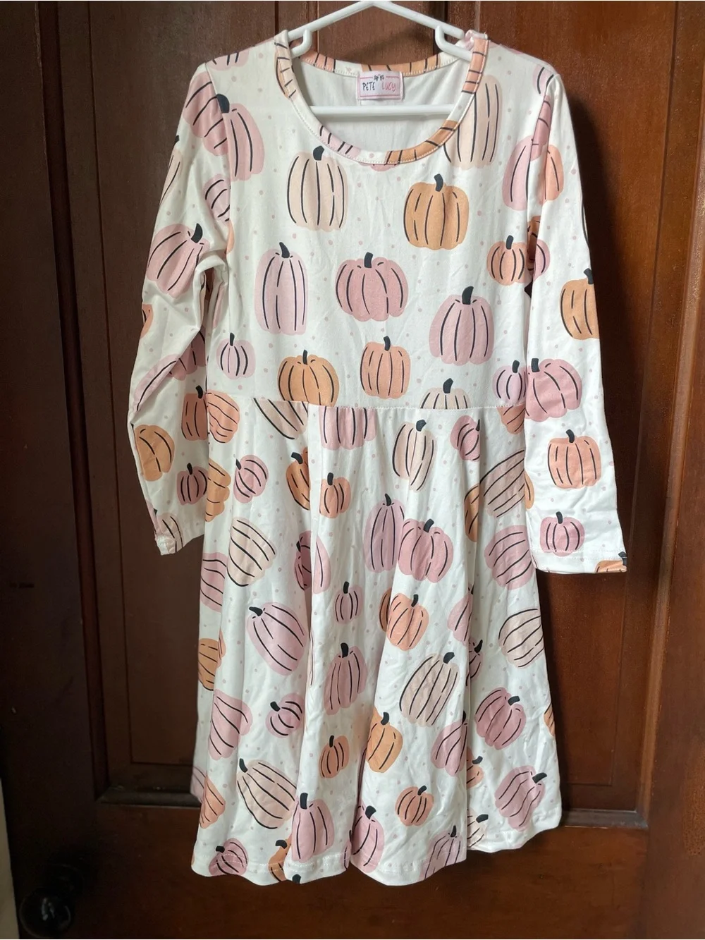 Pete & Lucy girls size 7-8 long sleeve white dress with pumpkins